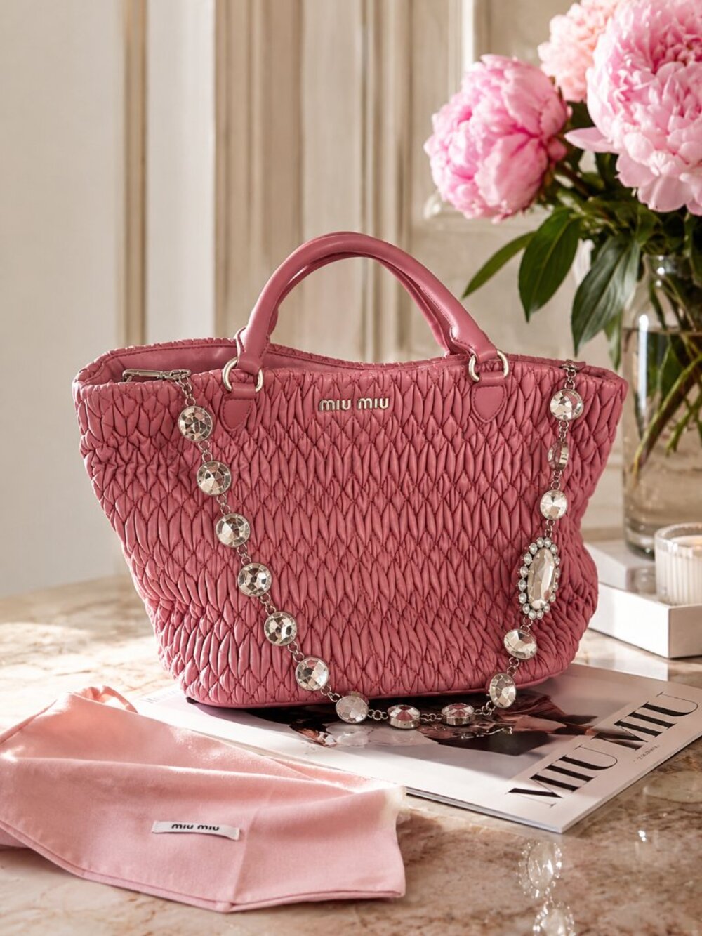 Miu Miu Pink Matelassé Leather Crystal Chain Tote Shoulder Handbag
